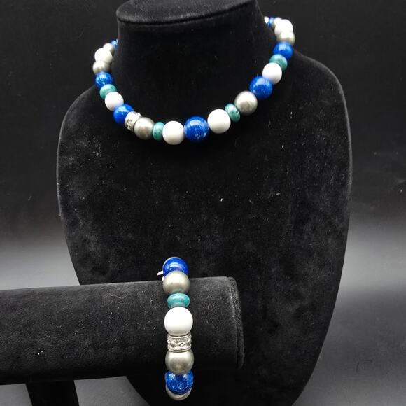 Liz Claiborne Blue Silver Tone Beaded Necklace Bracelet Set Vintage With Tag - Picture 8 of 10